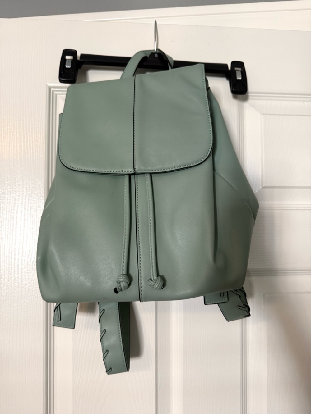 Zara Sage Green Faux Leather Backpack Minimalist Flap Drawstring Bag